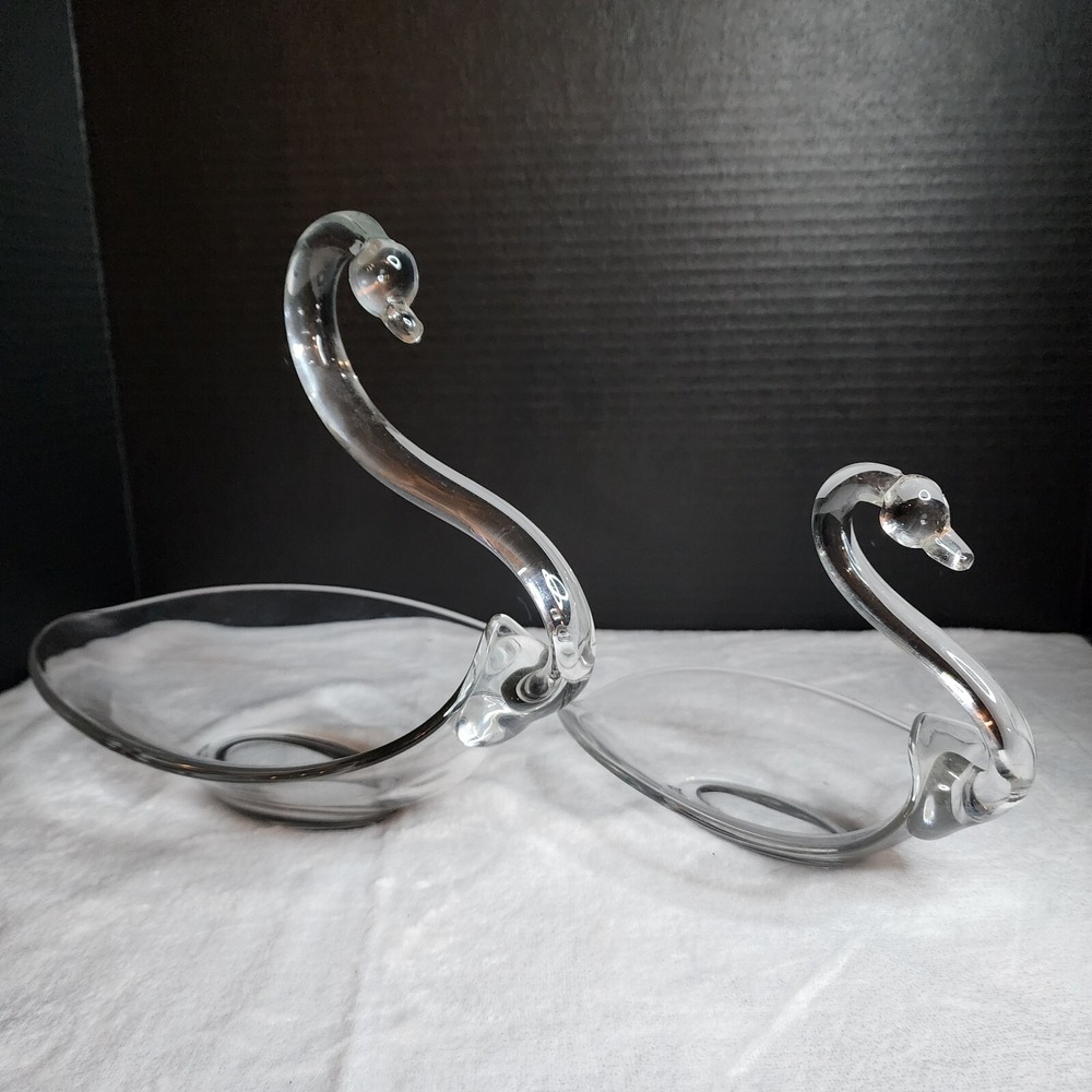 Vintage Clear Art Glass Swan Bowls Set of‎ 2 Hand Blown Decorative Figurines
